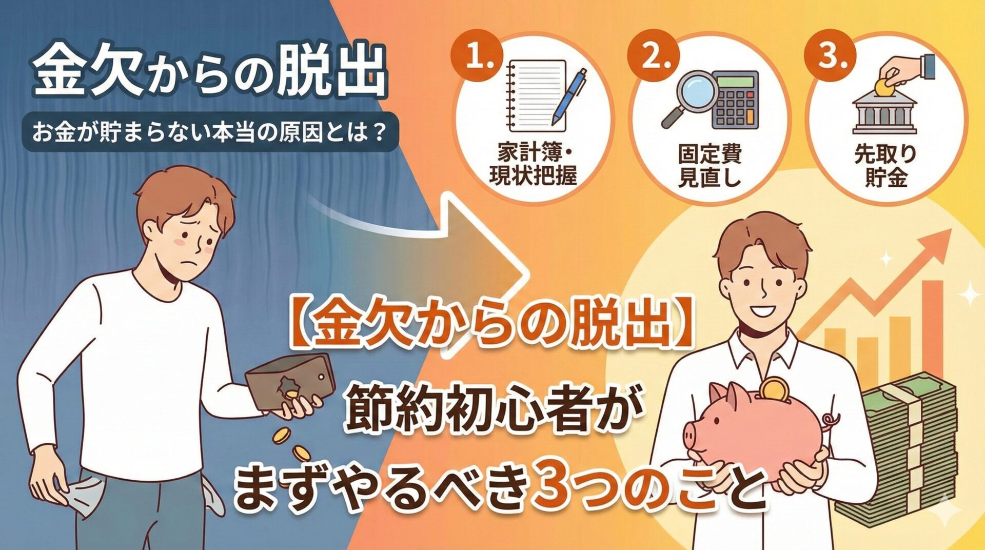 【金欠からの脱出】節約初心者がまずやるべき3つのこと｜お金が貯まらない本当の原因とは？